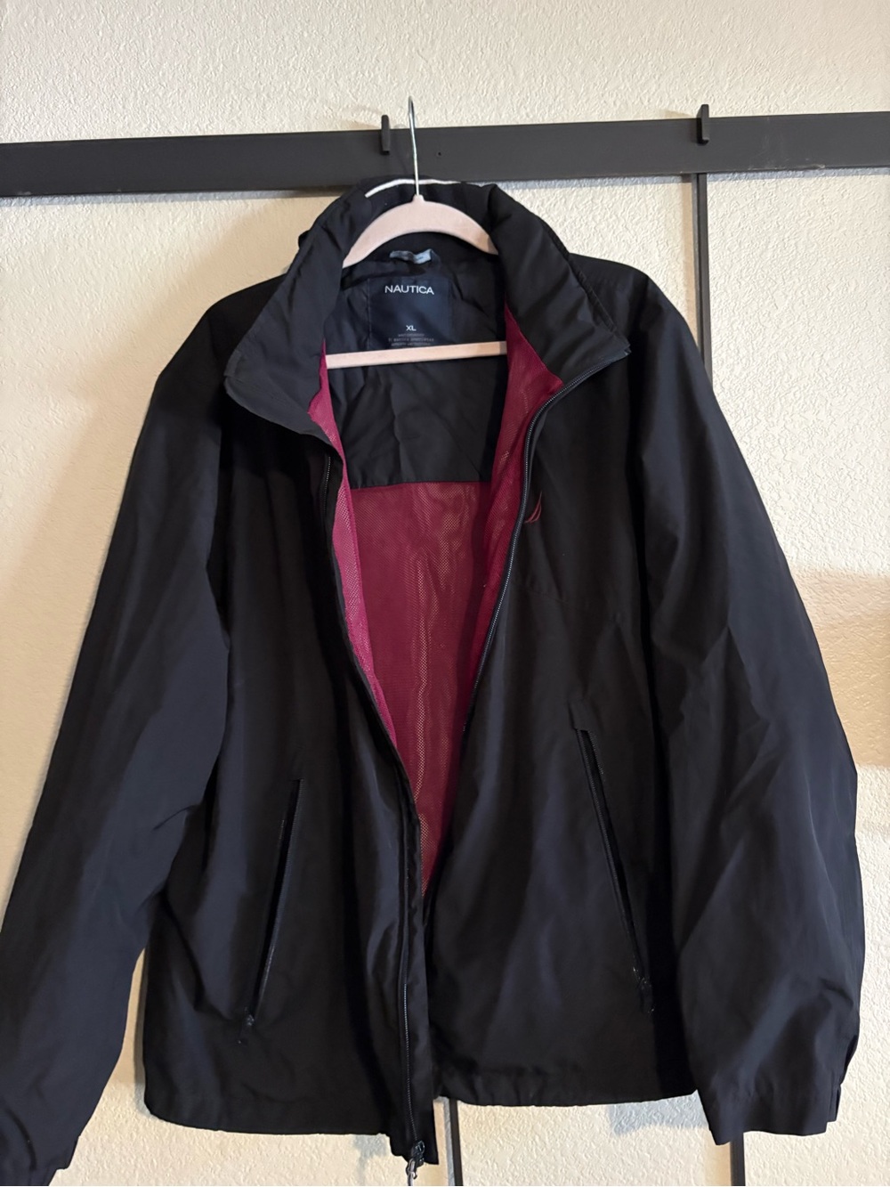 Nautica Black Raincoat with Burgundy Lining
